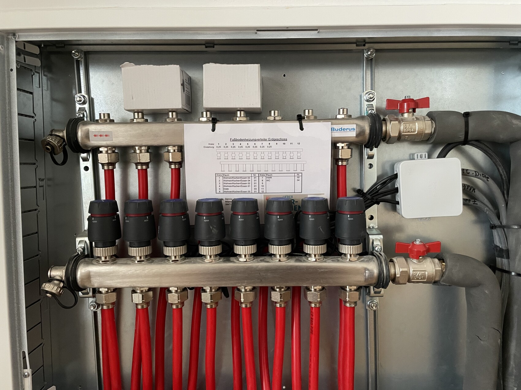Fußbodenheizungs-Verteiler mit roten Leitungen, Ventilköpfen und Diagramm im Schrank.
