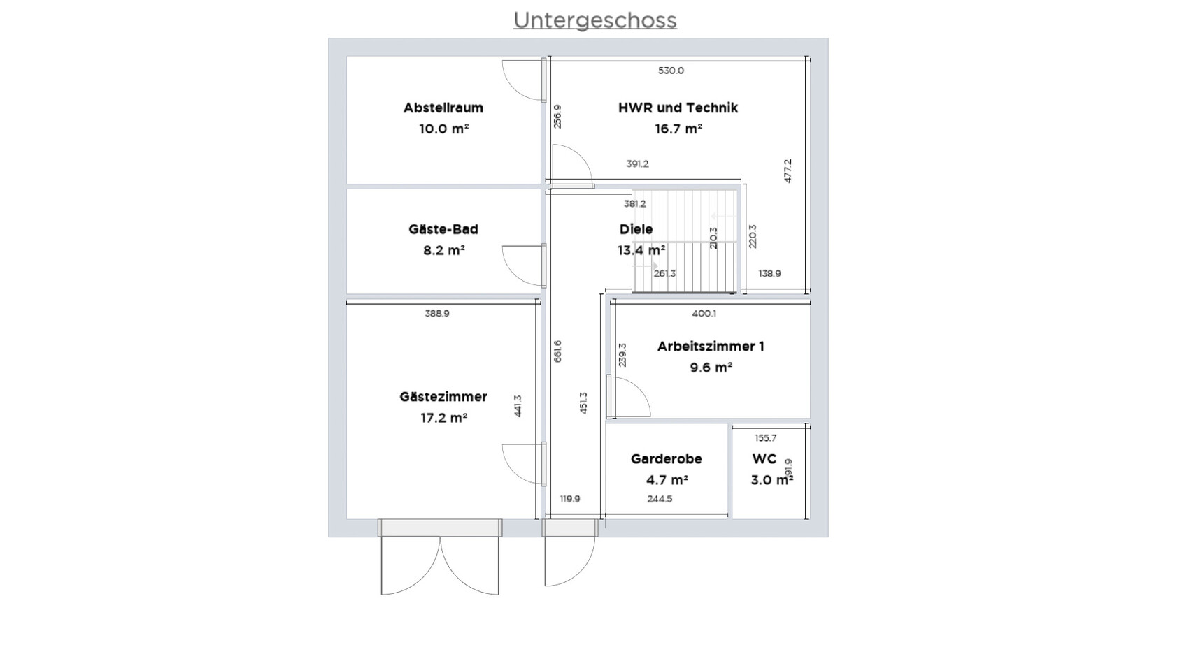 Grundriss Untergeschoss mit Abstellraum, HWR, Gäste-Bad, Diele, Gästezimmer, Arbeitszimmer, Garderobe