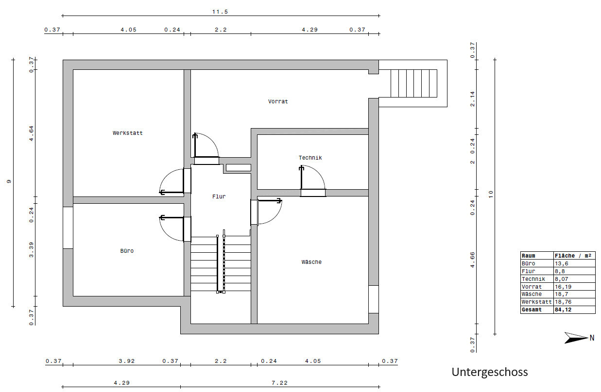 Untergeschoss-Grundriss mit Büro, Werkstatt, Vorrat, Technik, Wäsche, Flur; Treppe und Türen.