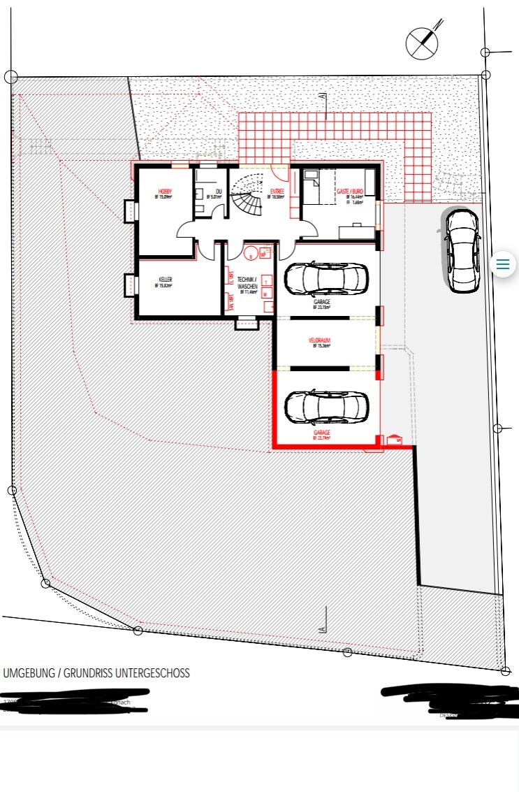 Untergeschoss-Grundriss des Hauses mit Keller, Technikraum, Hobbyraum und Garage