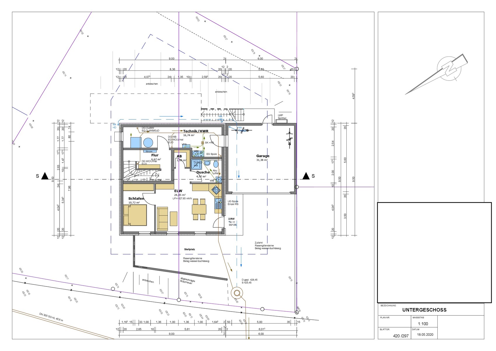 Grundriss des Untergeschosses mit Technik/HWR, Flur, Schlafen, Wohnen, Küche, Bad und Garage.
