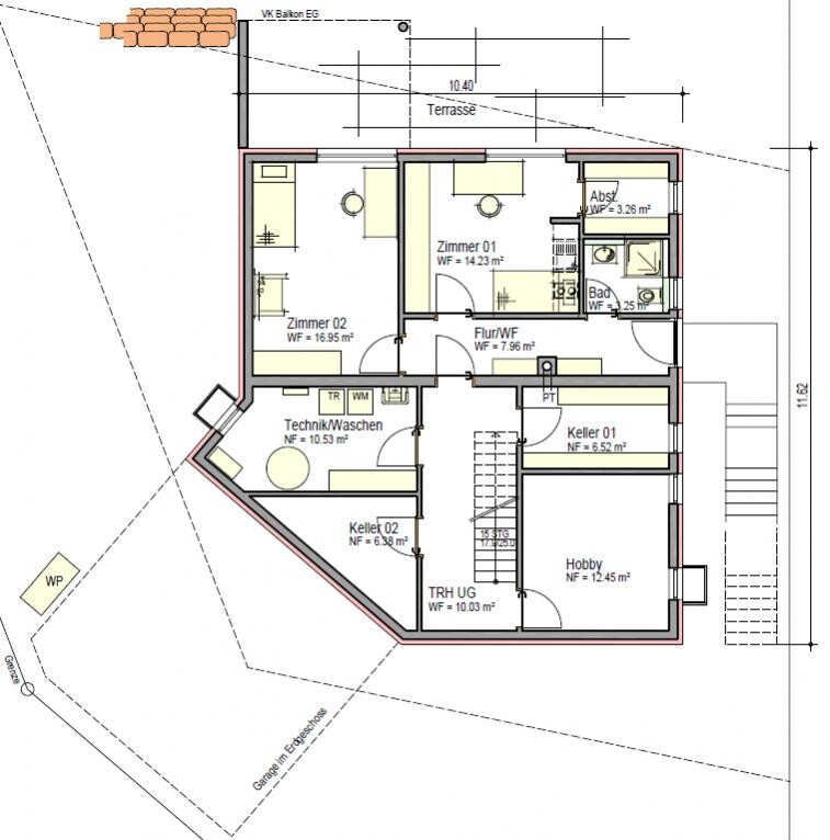 Untergeschoss-Grundriss eines Hauses mit Zimmern, Flur, Keller und Technikbereich