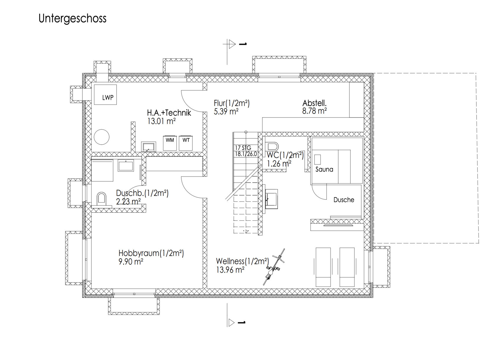 Untergeschoss-Grundriss mit Wellness, Hobbyraum, Sauna, Dusche, WC, Flur und Technik