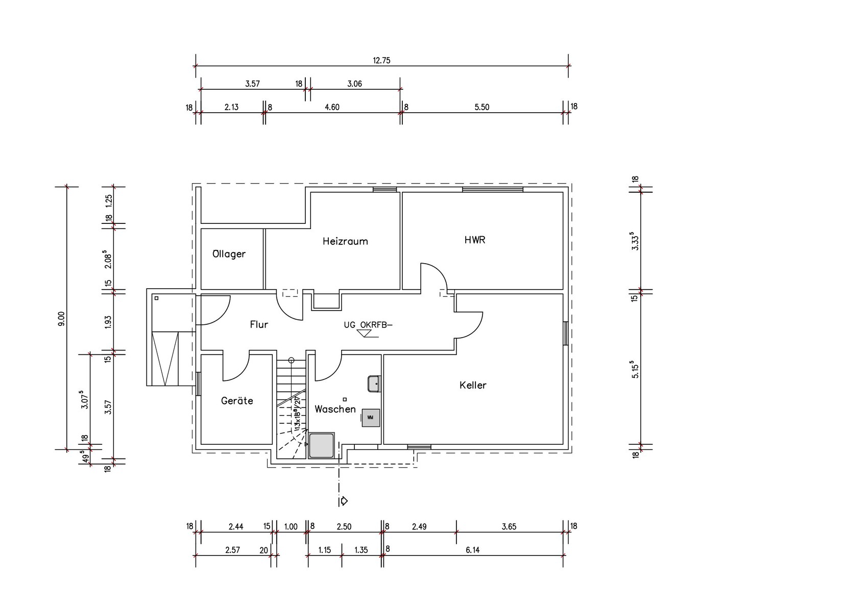Untergeschoss Grundrissplan mit Heizraum, HWR, Flur und Keller