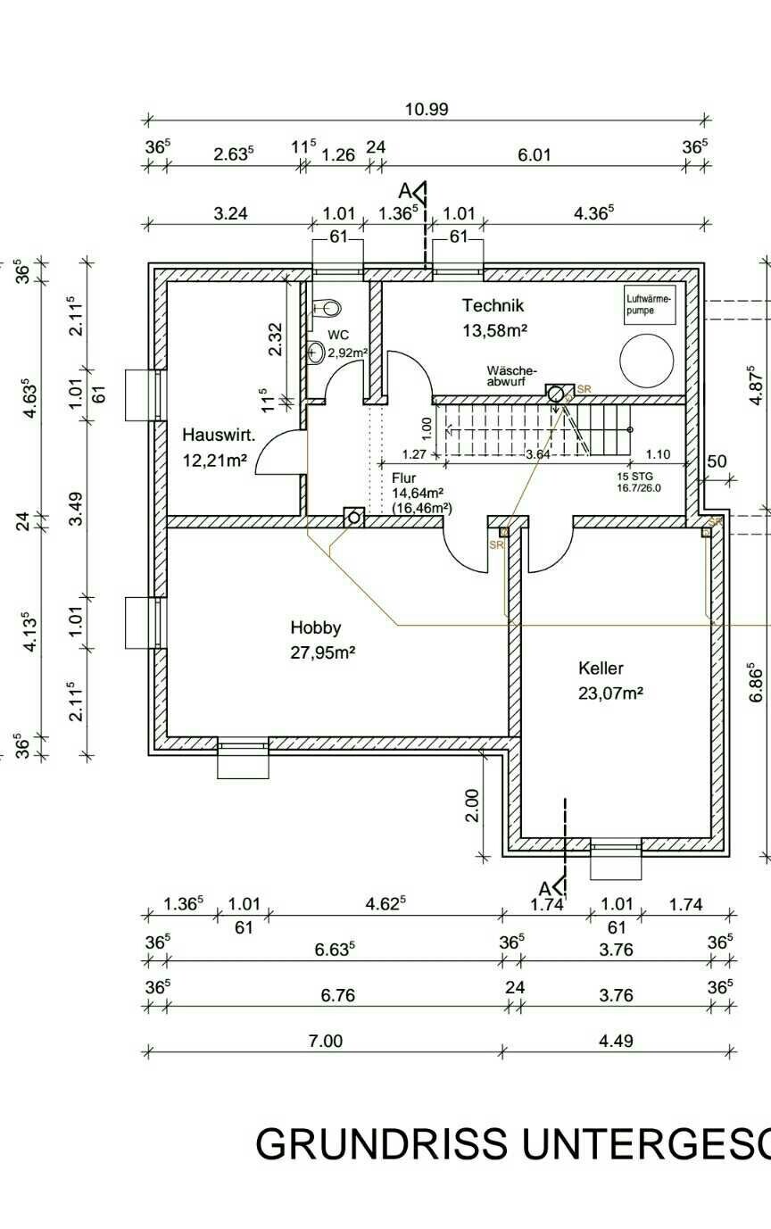 Grundriss Untergeschoss eines Hauses mit Hobbyraum, Keller, Technik, Flur, WC und Hauswirtschaft.