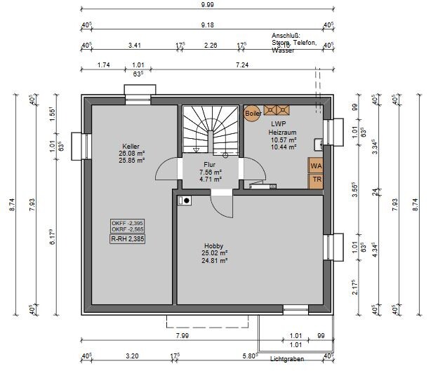 Grundriss Kellergeschoss: Flur verbindet Keller, Hobbyraum und Heizraum mit Treppe.