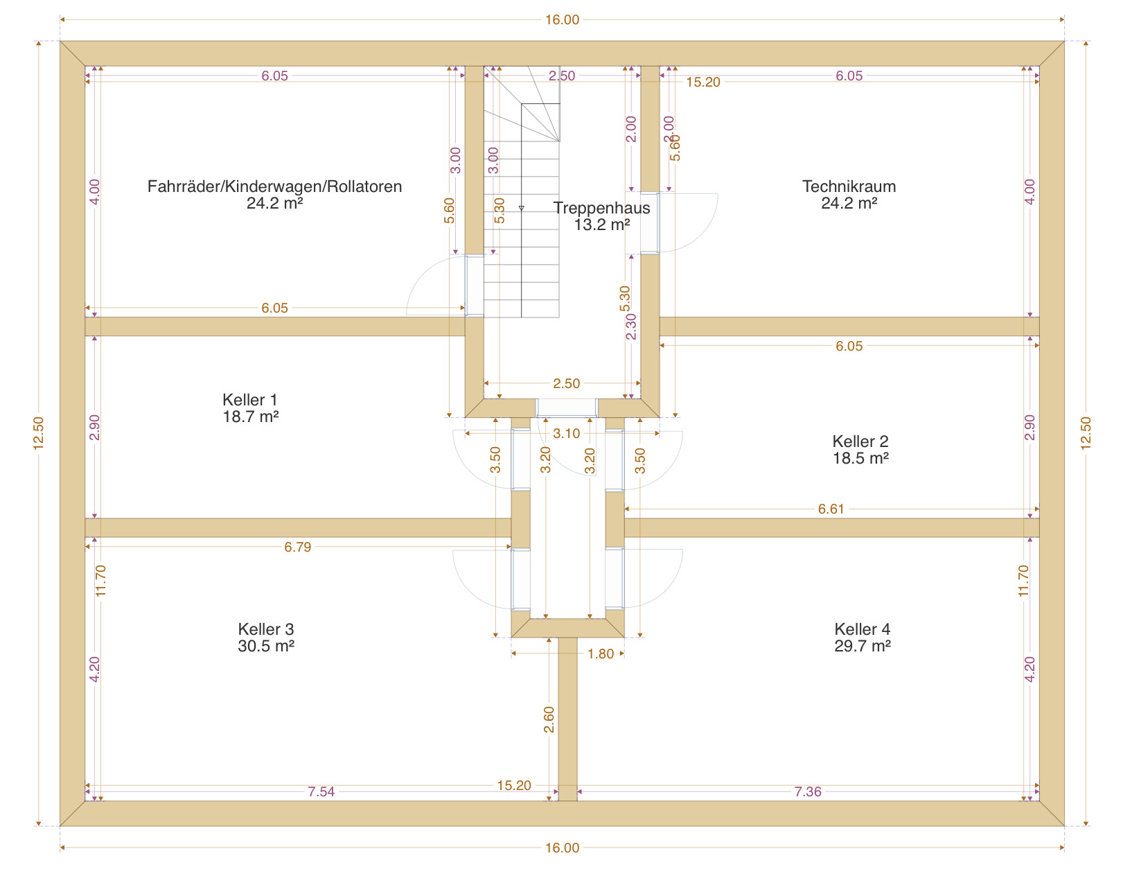 Grundriss Kellergeschoss: zentrales Treppenhaus, Technikraum, Fahrrad-/Rollatorenbereich, Kellerräume