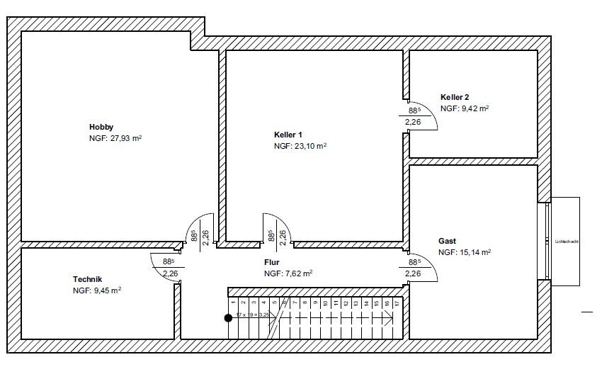 Grundriss eines Kellergeschosses: Hobby, Technik, Keller 1–2, Flur, Gast, Treppe, Lichtschacht