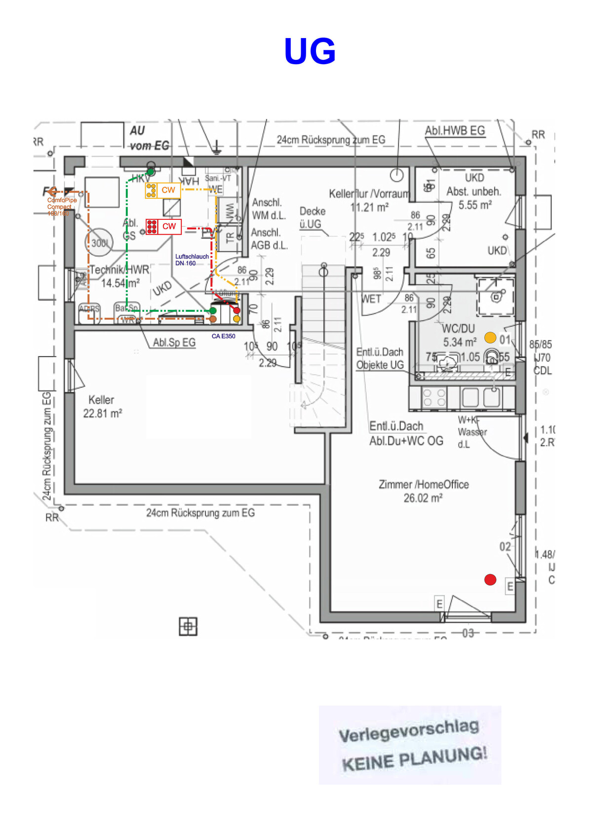 Grundriss UG: Kellerräume, Technik/HWR, Abstellflächen, WC/D, Zimmer/Homeoffice.