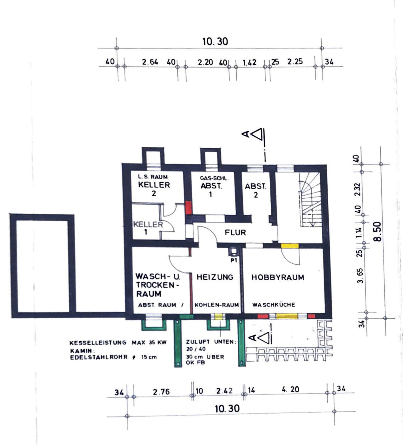 Grundriss Kellergeschoss: Flur, Heizung, Waschküche, Hobbyraum, Abstellräume.