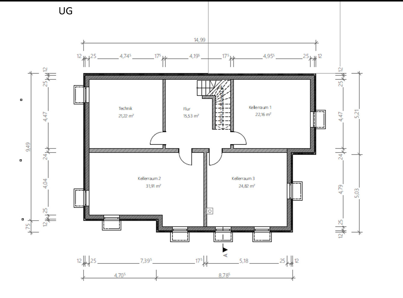 UG-Grundriss: Technik, Flur, Kellerräume 1–3, Treppenhaus, Türen, Maße