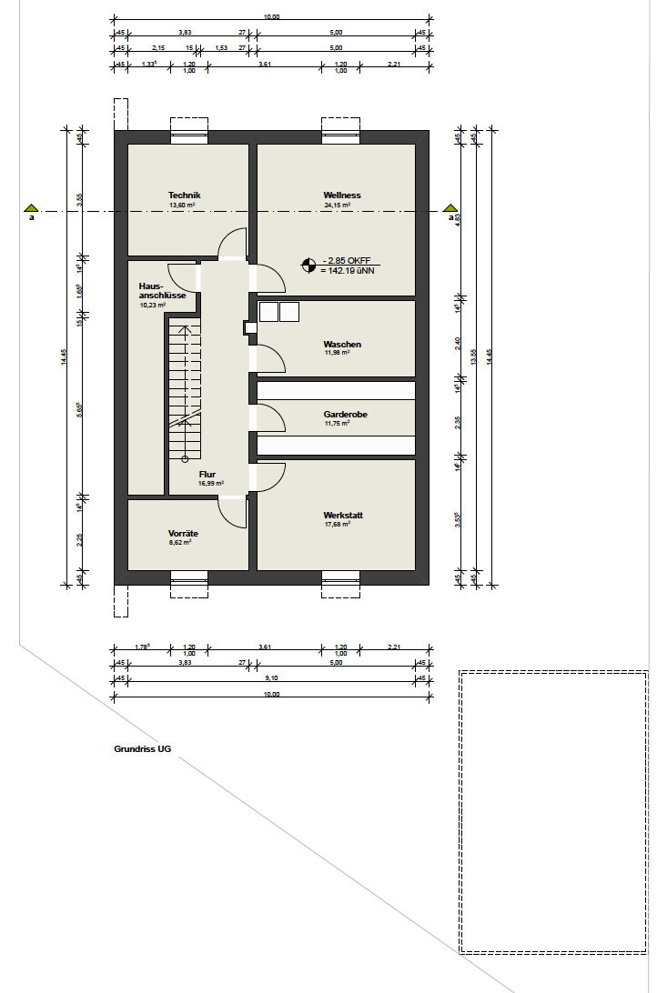 Grundriss UG: Technik, Wellness, Waschen, Garderobe, Werkstatt, Vorräte, Flur