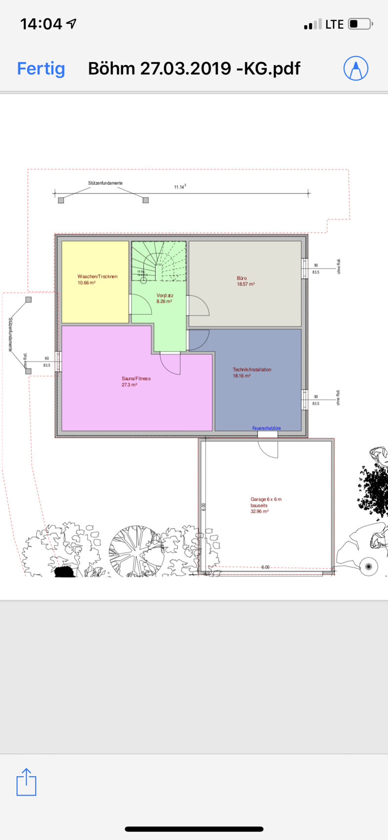 Grundriss: Sauna/Fitness, Waschen/Trocknen, Vorplatz, Büro, Technik/Installation und Garage.