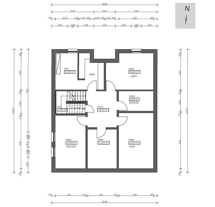 Grundriss eines Kellergeschosses mit Flur und Zimmern wie Kino, Arbeiten, Gast, Dusche.