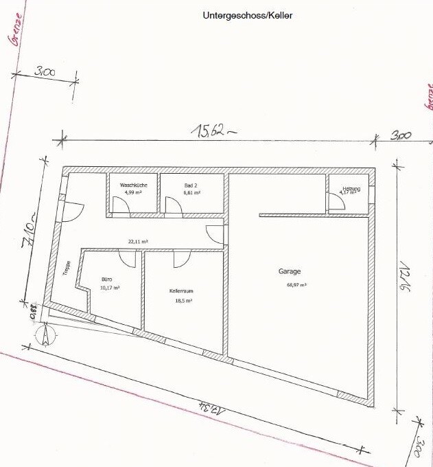 Grundriss Kellergeschoss: Garage, Kellerraum, Büro, Waschküche, Bad 2