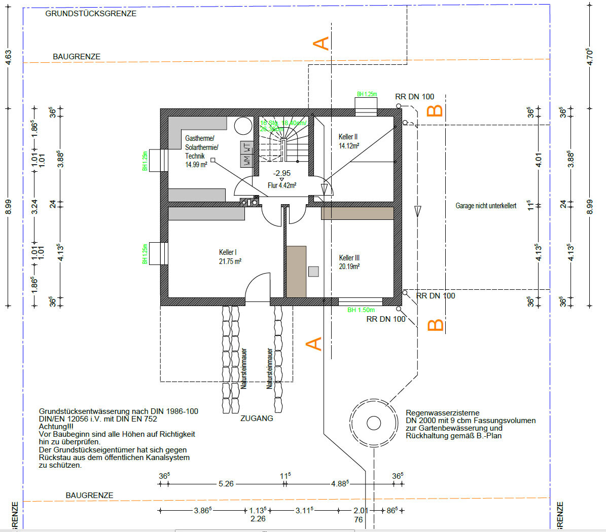 Grundriss Kellergeschoss mit Kellerräumen I–III, Flur, Technik, Zugang; Garage rechts.