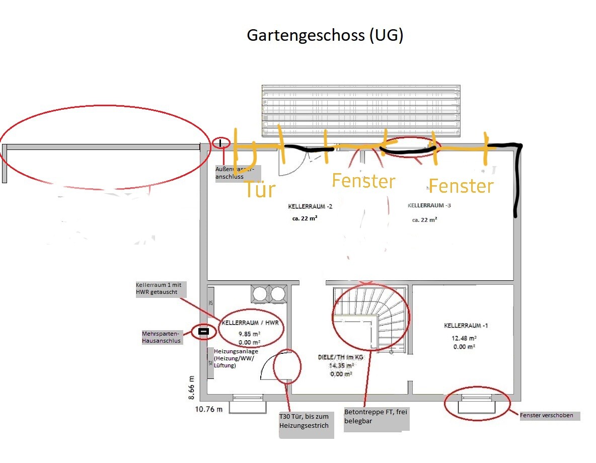 Grundriss Gartengeschoss (UG) mit Kellerräumen, Türen, Fenstern und Treppe.