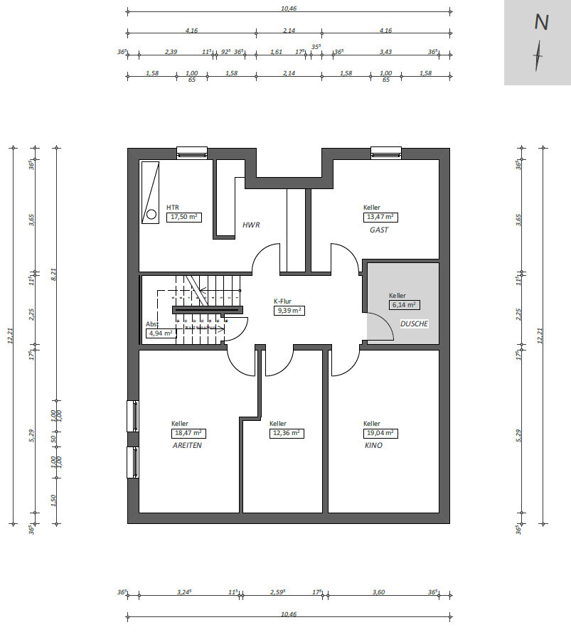 Grundriss Kellergeschoss: zentraler K-Flur, Treppenhaus, HWR; Räume: GAST, KINO, ARBEITEN, DUSCHE.