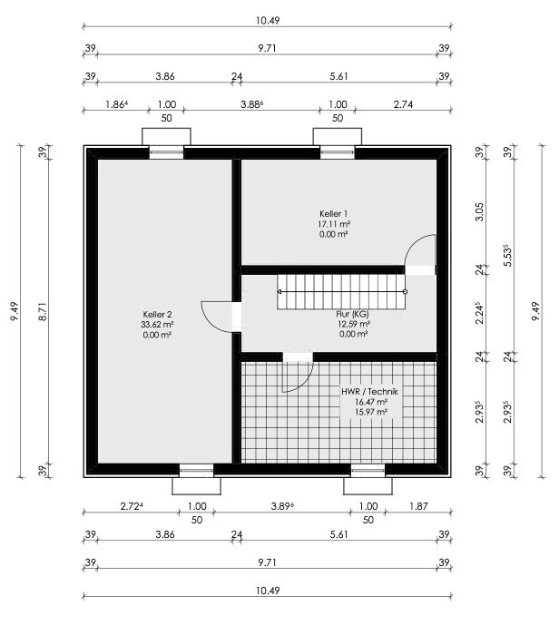 Grundriss des Kellergeschosses: zwei Kellerräume, HWR/Technik, Flur und Treppe.