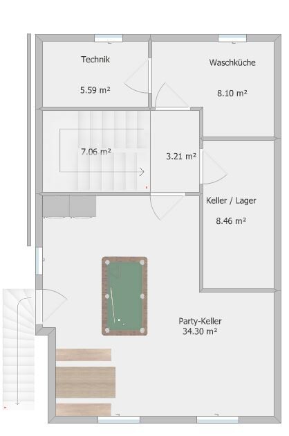 Grundriss Kellergeschoss: Technik, Waschküche, Keller/Lager, Party-Keller; Billardtisch.