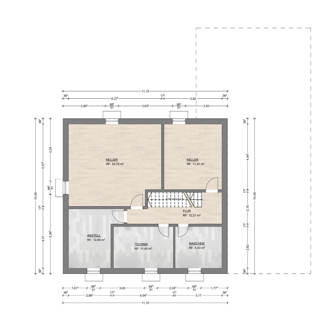 Grundriss Kellergeschoss: zwei Kellerräume, Abstell-, Technik-, Waschen-Raum, Flur und Treppe.