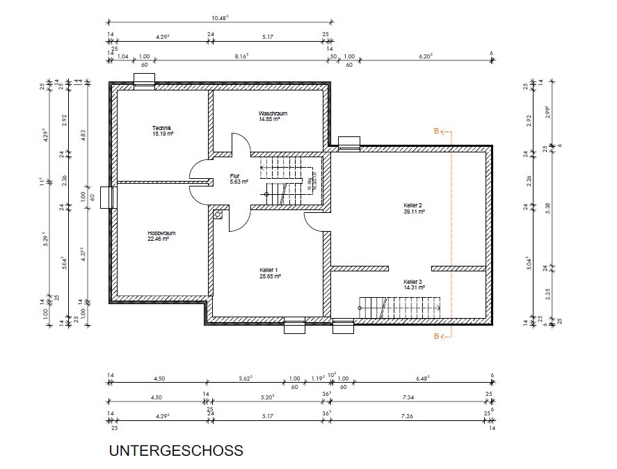 Grundriss Untergeschoss: Technik, Waschraum, Flur, Hobbyraum, Keller 1–3, Treppe