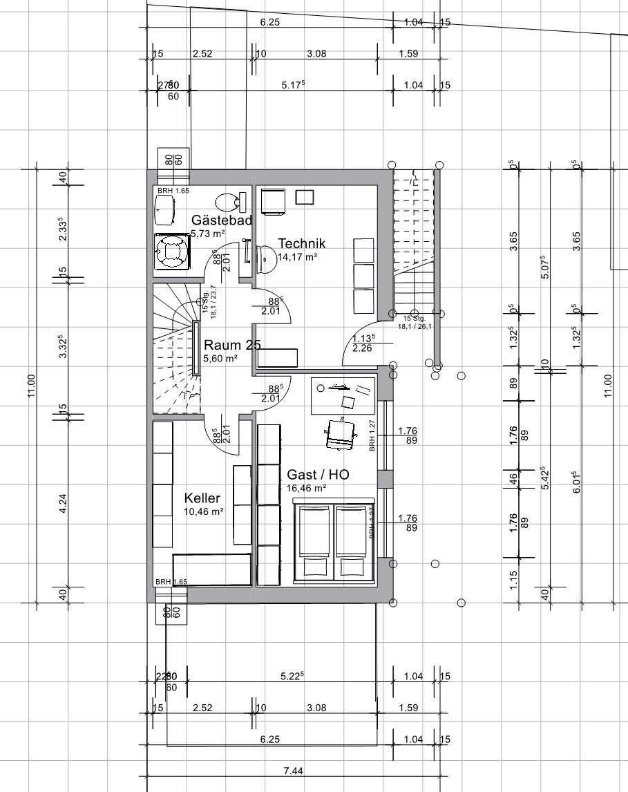 Grundriss Kellergeschoss: GästeBad, Technik, Raum 25, Keller, Gast/HO, Treppe.