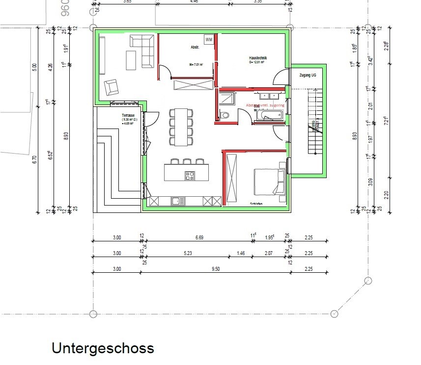 Grundriss des Untergeschosses: Wohnbereich, Küche, Terrasse, Bad, Abstellraum, Treppen.