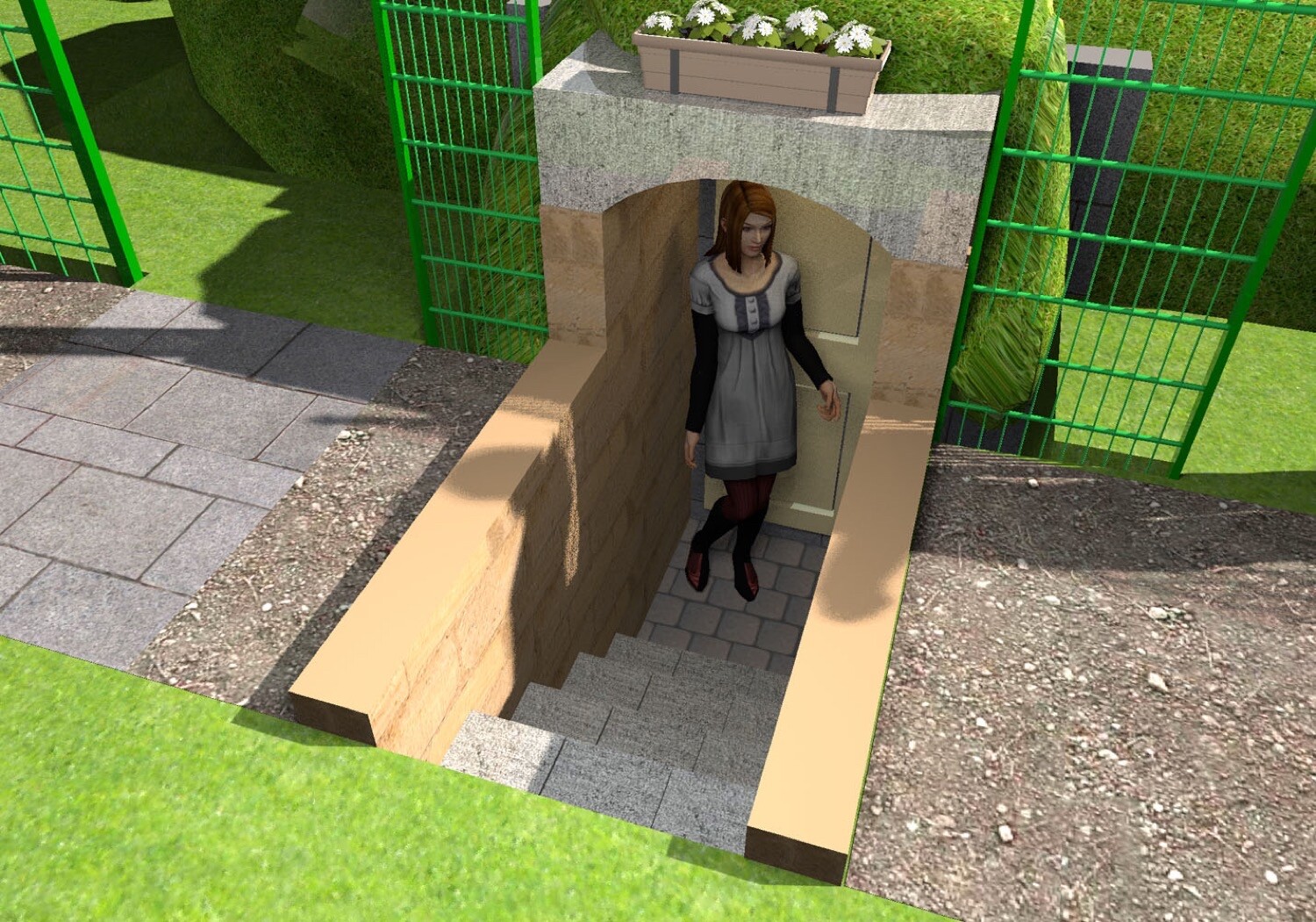 Frau in grauem Kleid steht am Eingang einer unterirdischen Kellertreppe, umgeben von Grünzäunen.