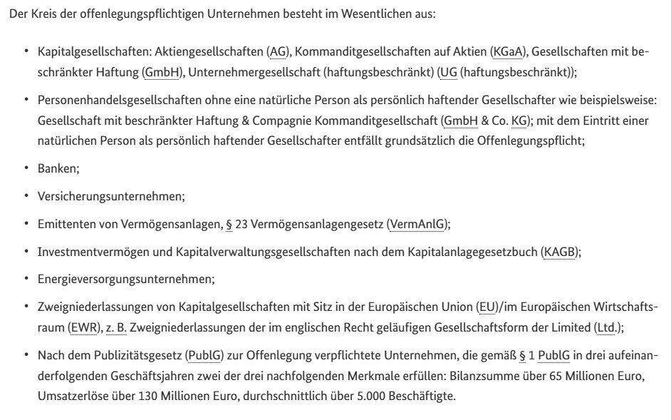 Seitenansicht eines Textdokuments mit Aufzählungspunkten zu Offenlegungspflichten von Unternehmen.