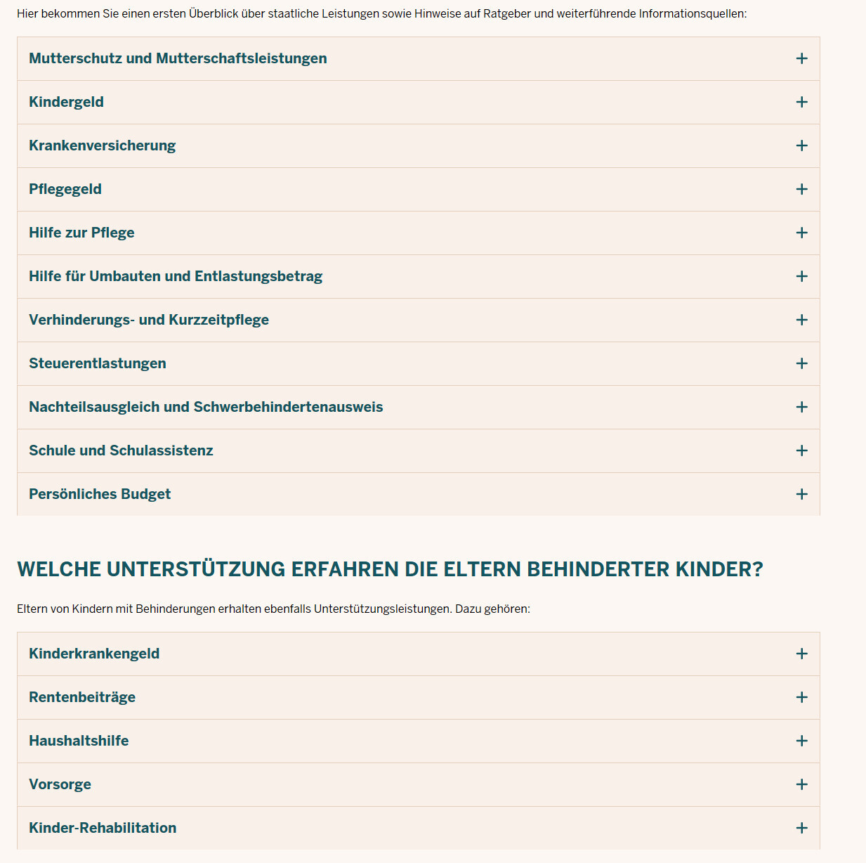 Übersicht von staatlichen Leistungen für Familien und behinderte Kinder in einer Listenansicht.