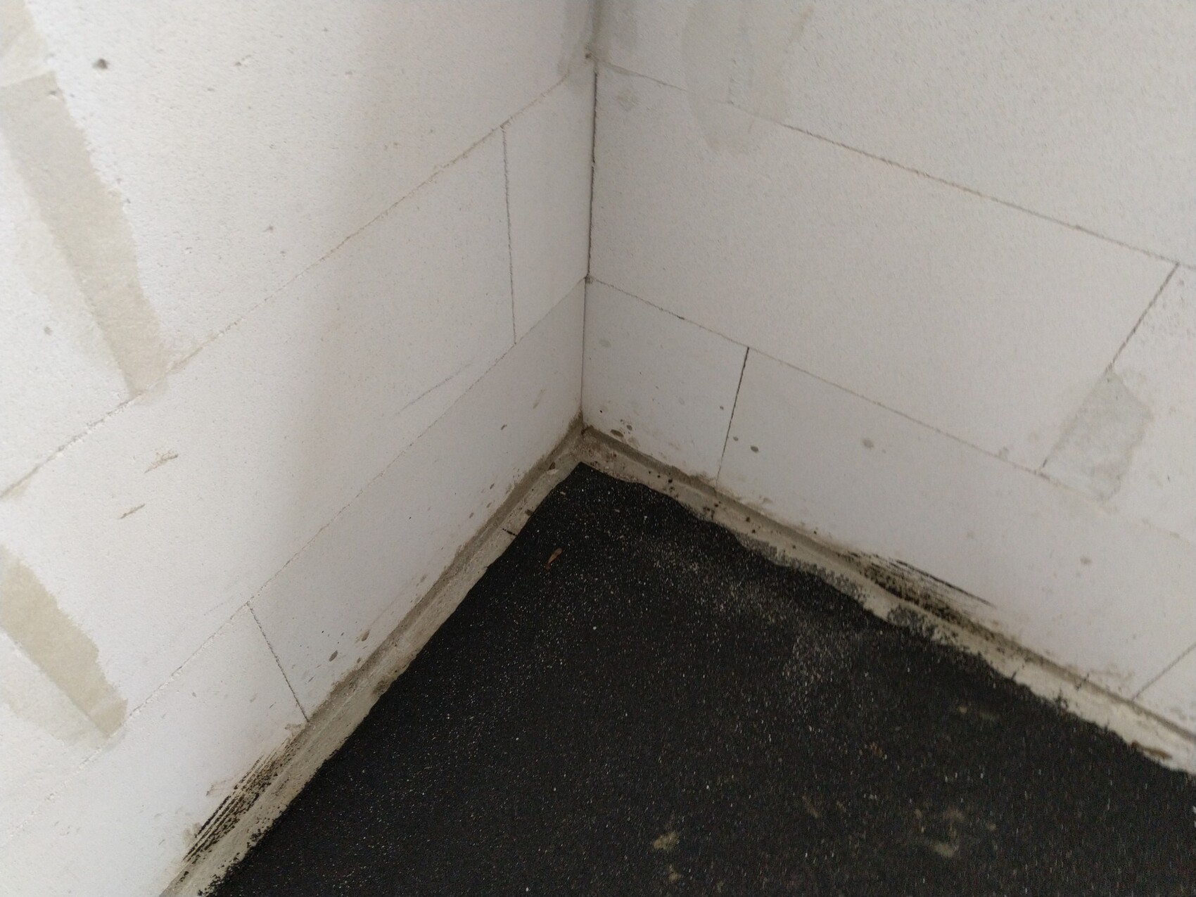 Ecke mit weißen Fliesenwänden, dunklem, schmutzigem Boden und Feuchtigkeit am Sockel.