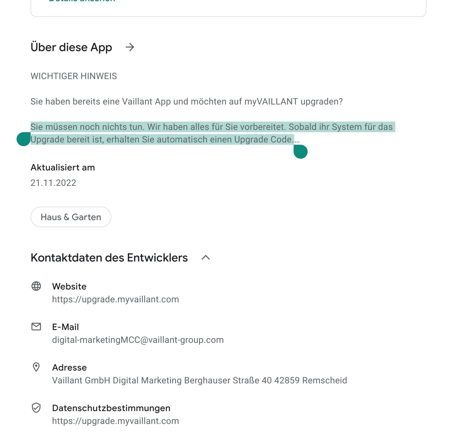 Vaillant App Upgrade-Hinweis-Seite mit automatischem Upgrade-Code und Kontaktdaten des Entwicklers
