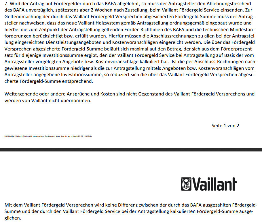 Seite 1 von 2 eines Dokuments mit Fördergeldtext und Vaillant-Logo unten rechts.