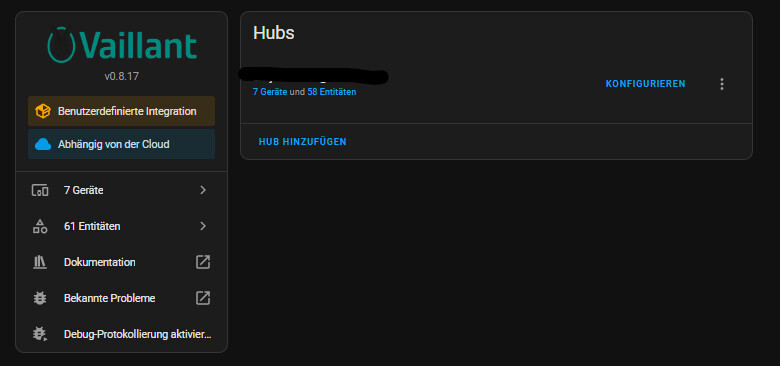 Vaillant Dashboard: Linkes Menü, Logo, Hubs-Übersicht mit 7 Geräten und 58 Entitäten.