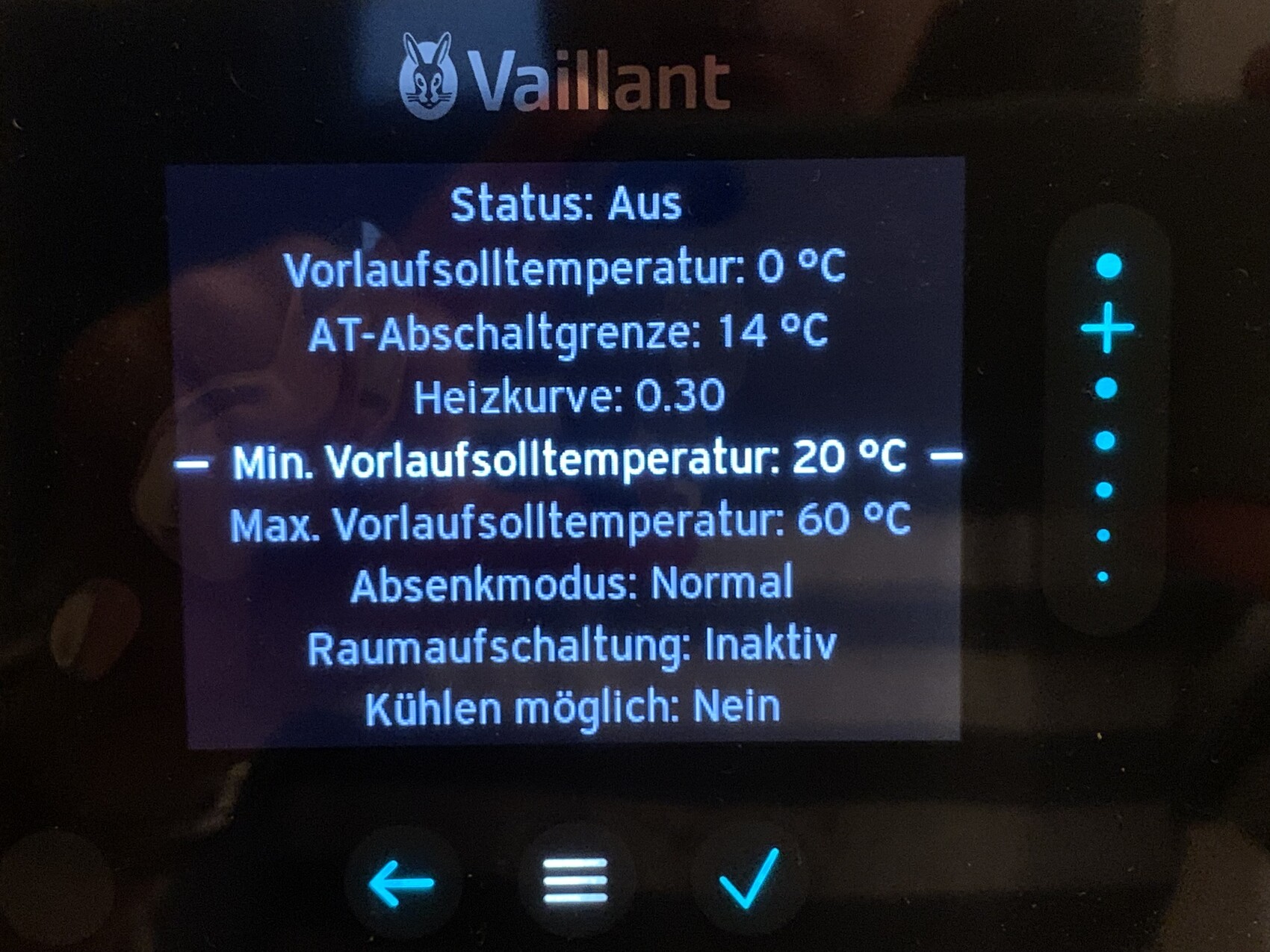 Vaillant Heizungsdisplay: Status Aus, Vorl. 0°C, AT-Absch. 14°C, Min 20, Max 60°C