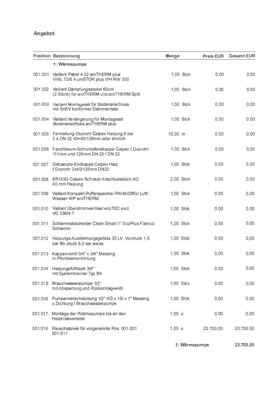 Angebot mit Positionen: WärmePumpe und Heizungs-Teile, Menge und Preis.