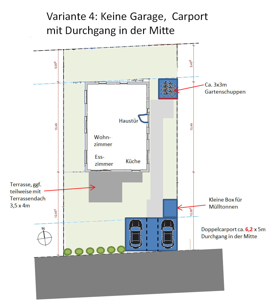 Grundstücksplan: Haus mit Terrasse, Doppelcarport, Gartenschuppen, Müllbox.