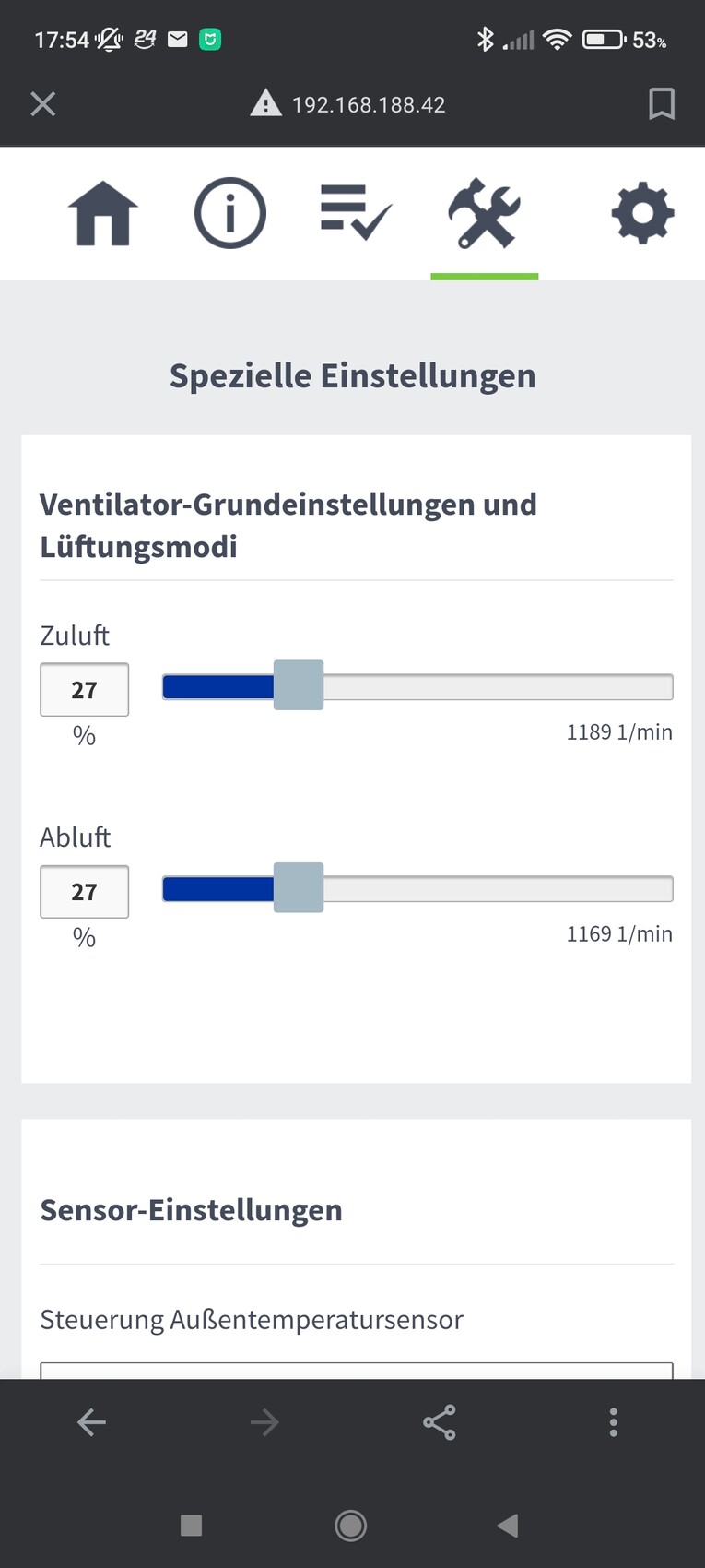 Ventilator-Grundeinstellungen und Lüftungsmodi: Zuluft und Abluft je 27% mit Schiebereglern.