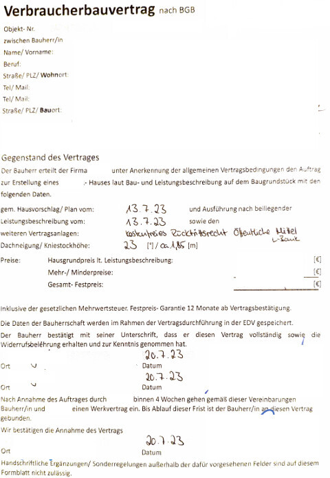 Verbraucherbauvertrag nach BGB: Formularseite mit Feldern, handschriftlichen Daten und Unterschriften.