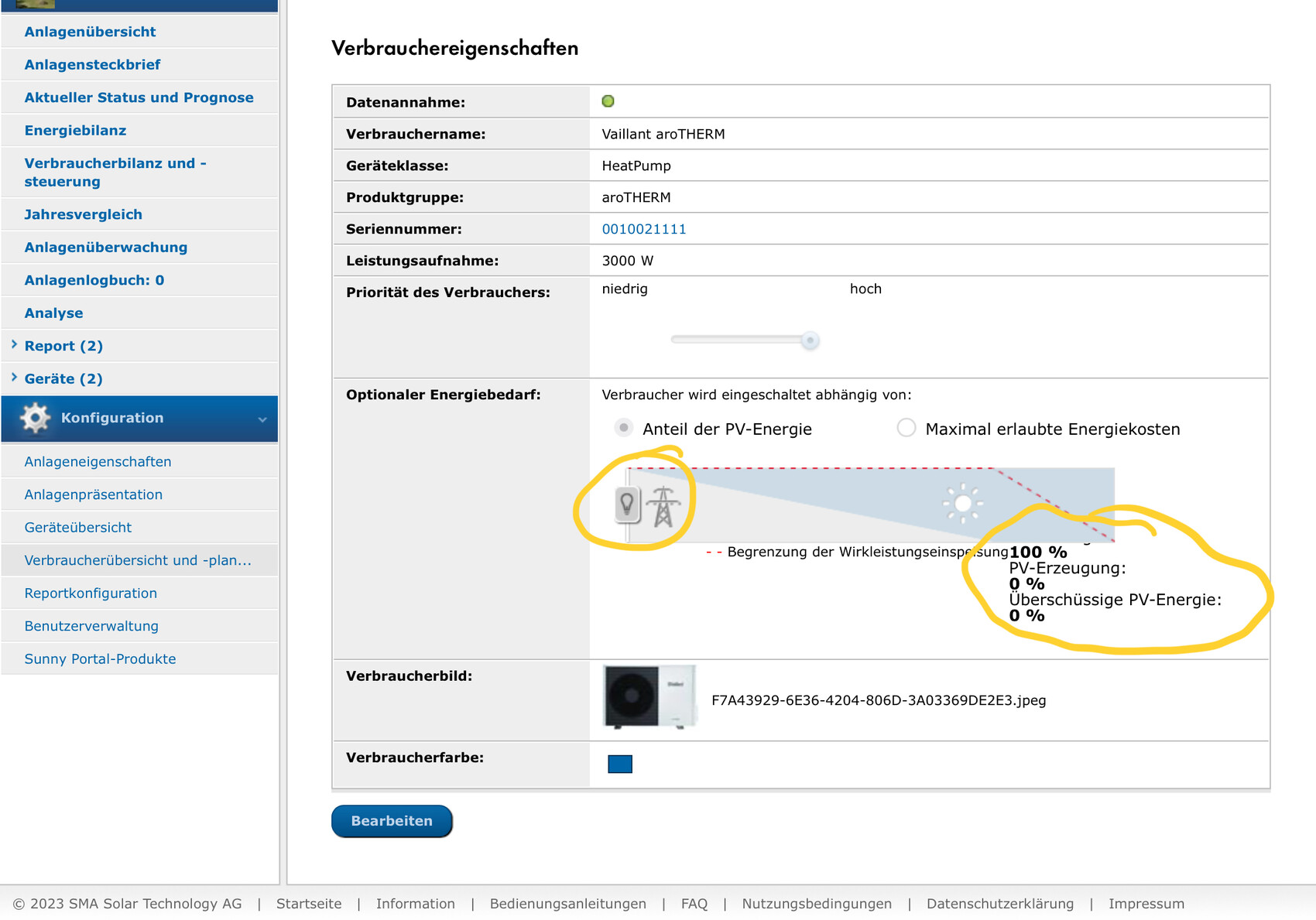 Verbrauchereigenschaften einer aroTHERM HeatPump mit 3000 W und Seriennummer 0010021111.