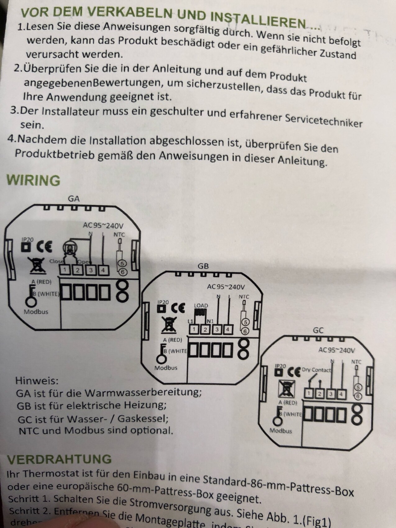 Verdrahtungsanleitung mit Diagramm für Heizungs-Thermostatmodule GA, GB, GC auf Infoblatt