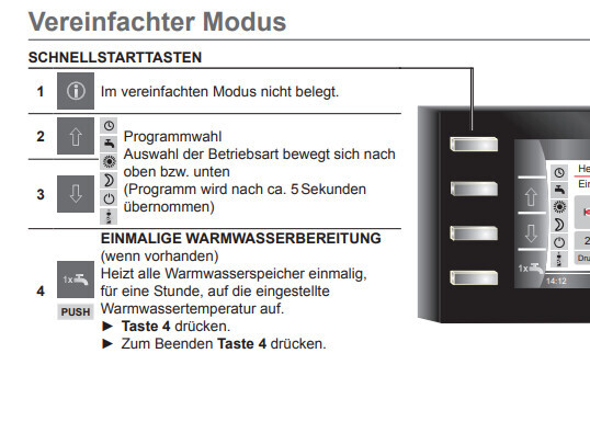 Bedienfeld eines Geräts im Vereinfachten Modus mit Schnellstarttasten 1–3 und Warmwasserbereitung