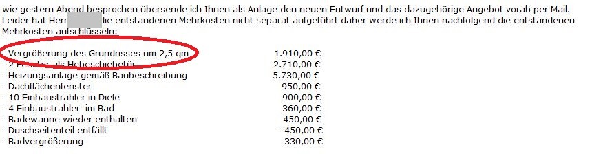 Dokument mit Kostenaufstellung zur Vergrößerung des Grundrisses um 2,5 qm