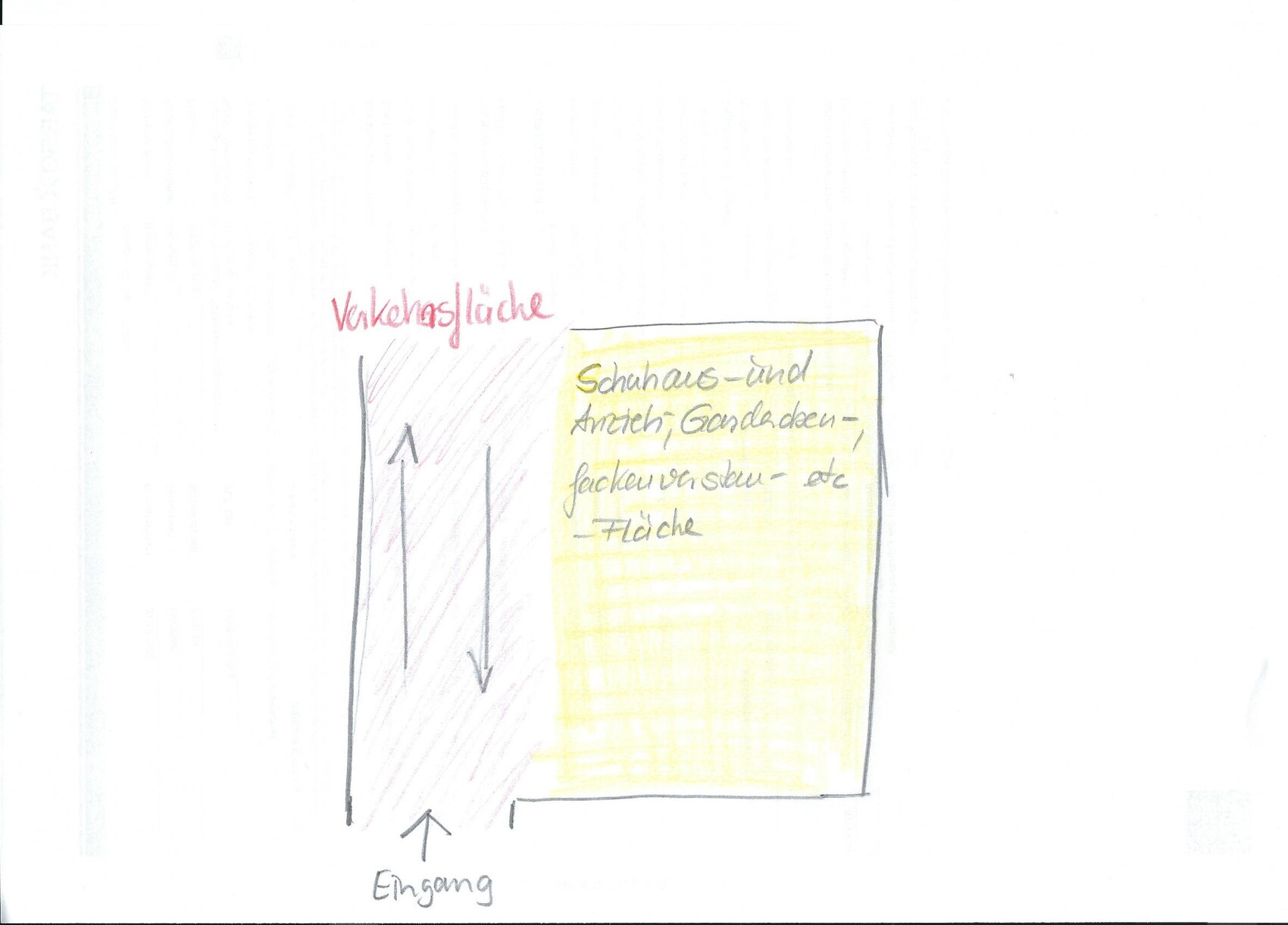 Grundriss-Skizze: linke Verkehrsfläche mit Pfeilen, rechts gelber Bereich, Eingang unten links.