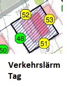 Kartenansicht mit farblich markierten Bereichen und Hinweis Verkehrslärm Tag