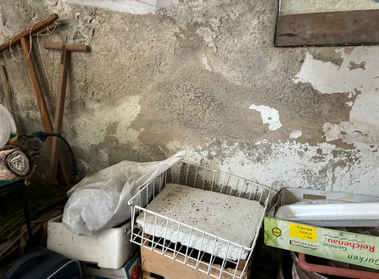 Unordentlicher Kellerabstellraum: verschmutzter Spülkorb, Tüte, Kartons vor abblätternder Wand.
