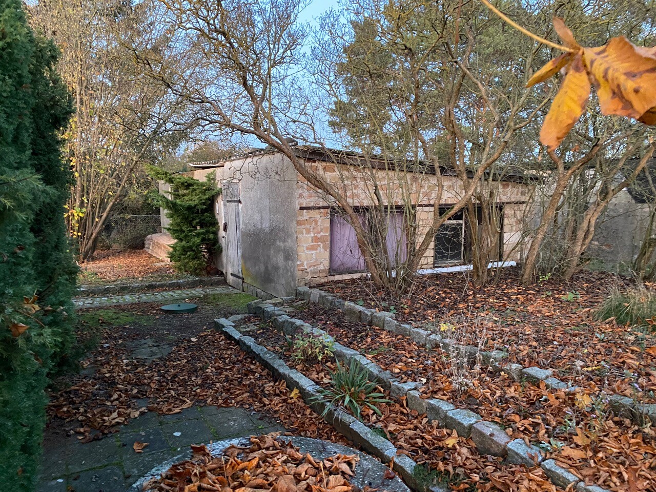 Verfallenes Gartenhaus aus Stein, von Herbstlaub bedeckt, umgeben von kahlen Bäumen.