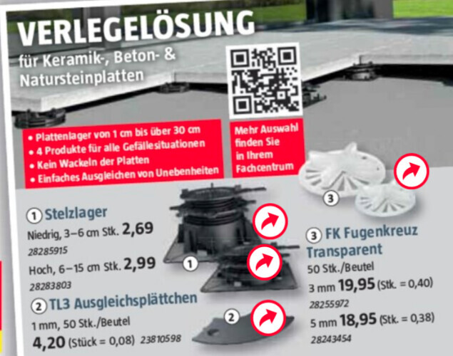 Verlege-Lösung: Stelzlager, TL3-Ausgleichsplättchen, Fugenkreuz; QR-Code