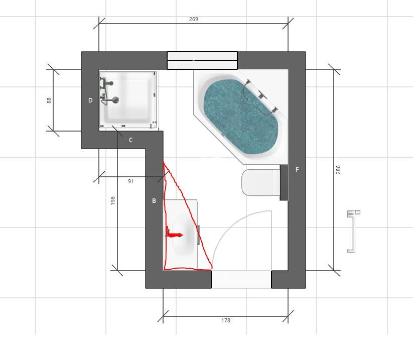 Grundriss eines Badezimmers mit Badewanne, Waschbecken, Toilette und Tür.